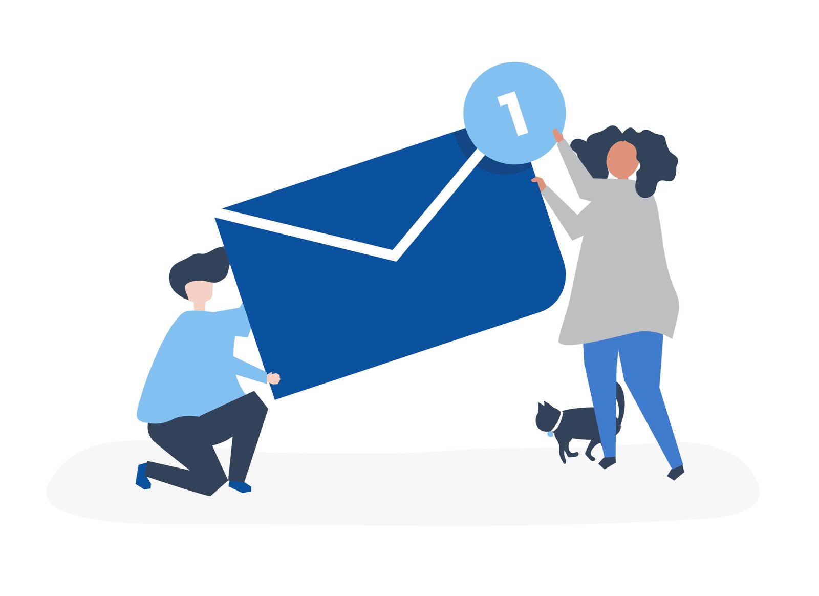 Ilustração de duas pessoas interagindo com um ícone de email com automação simples, ideal para gerar resultados consistentes em marketing digital.