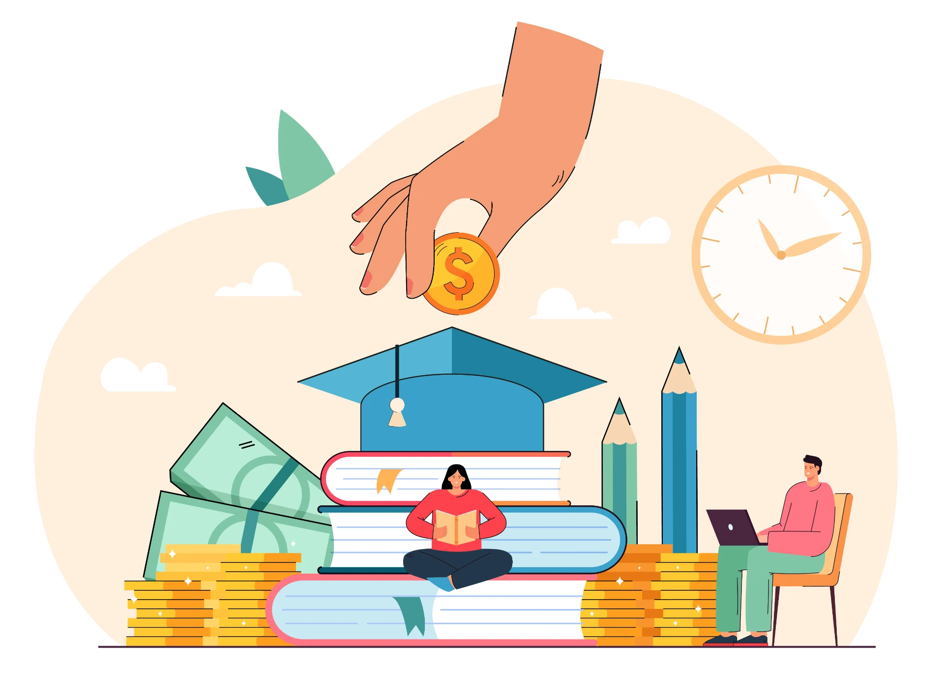 ilustracao educacao financeira para quem deseja sair das dividas livros moedas dolar